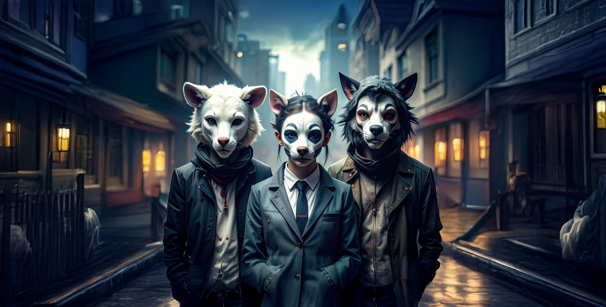 Firefly dirty weird teenagers in animal masks in a city scene, dark color pallette 357106.png